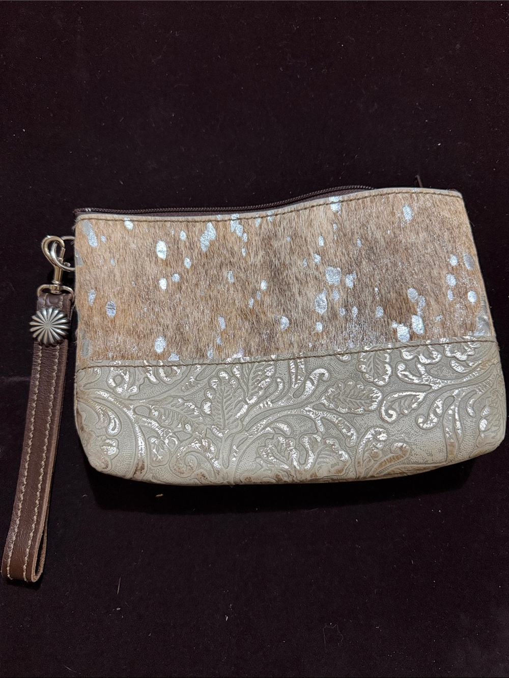 Haircalf and Embossed Metallic Wristlet Clutch in Brown and Silver